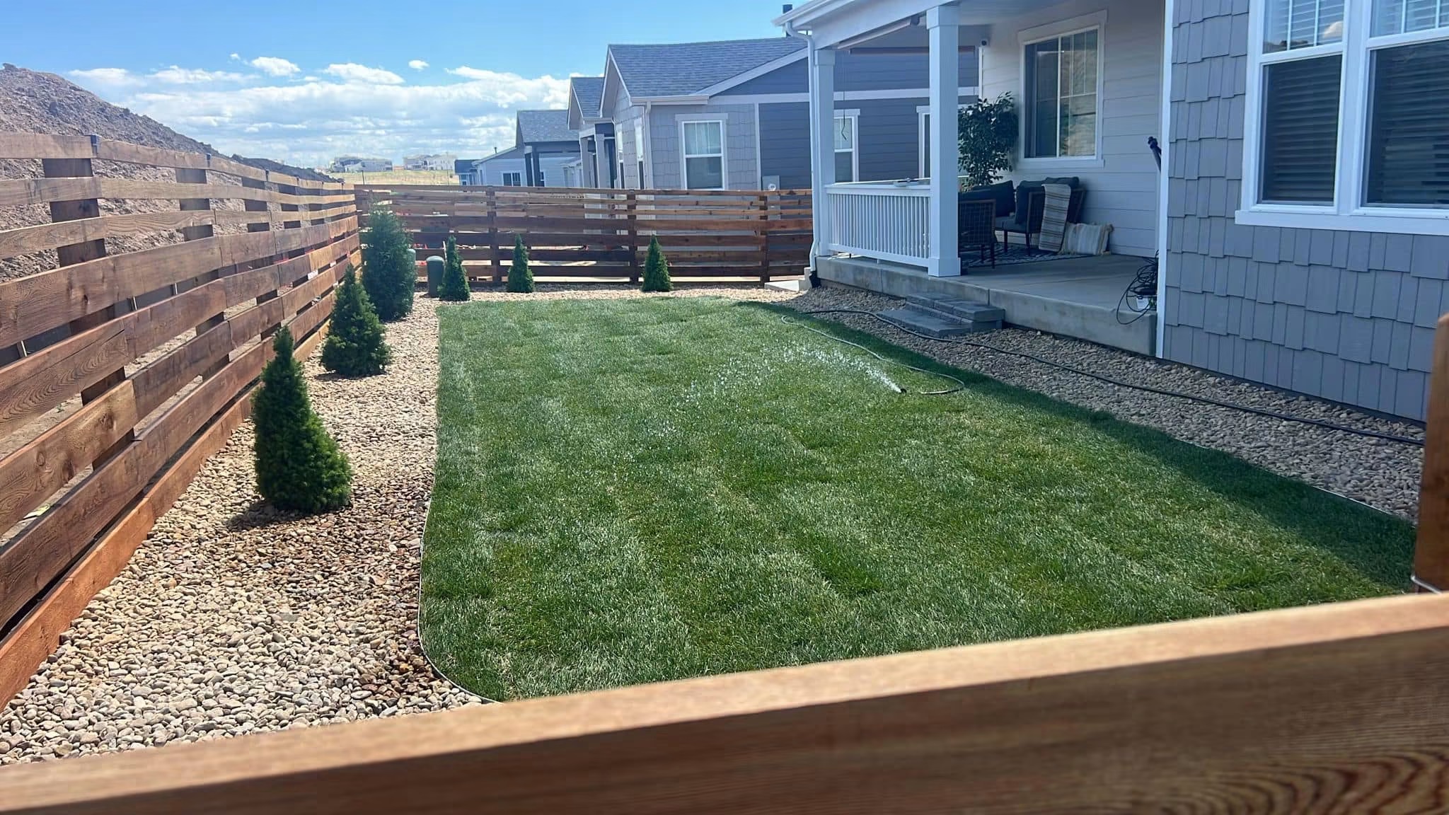 Completed backyard with new lawn, decorative rock, planting, and horizontal wood fence